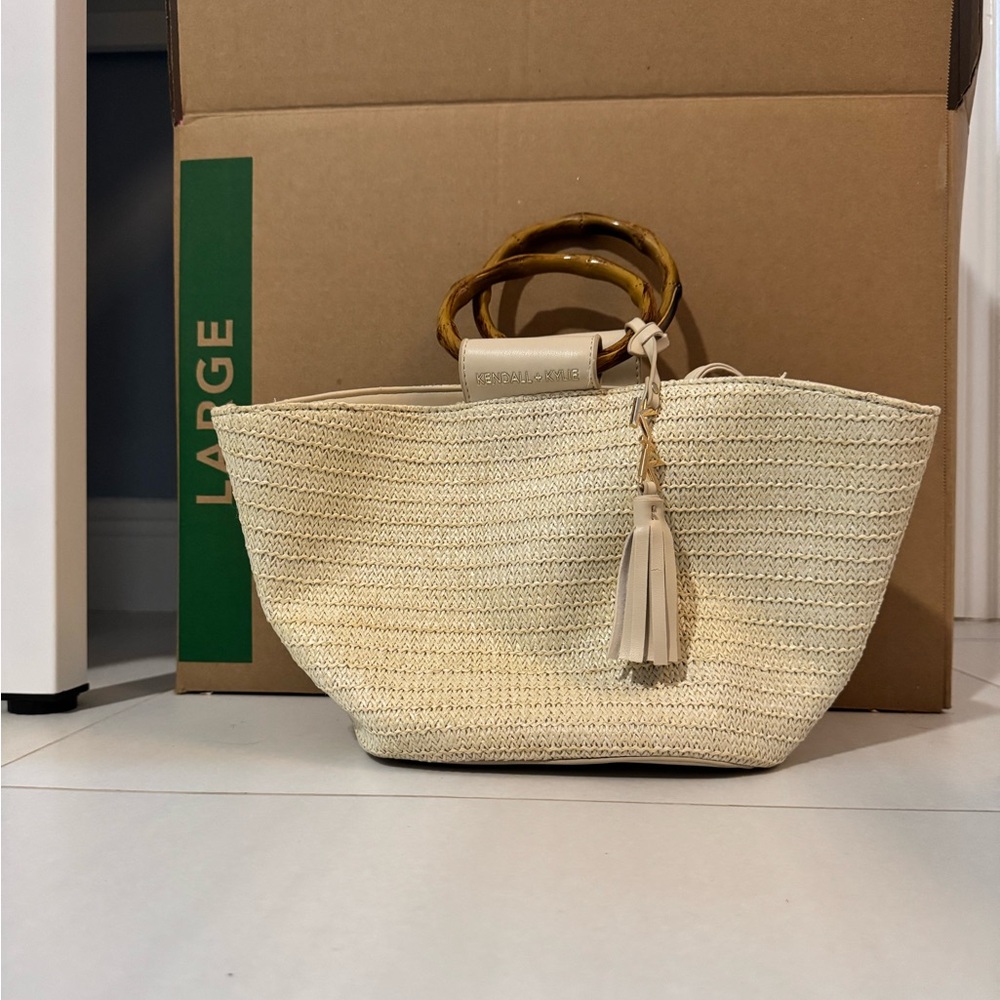 Kendall + Kylie Cream Straw Tote Bag with Bamboo Handles